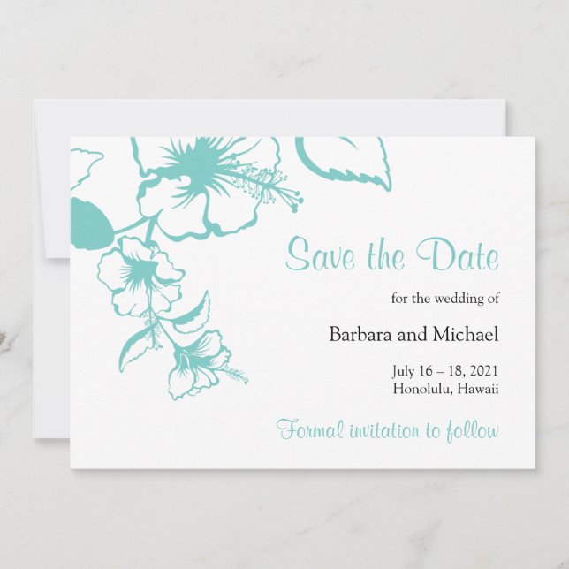 Save The Date Mariage de destination de fleur d'hibiscus turquoi (Devant)