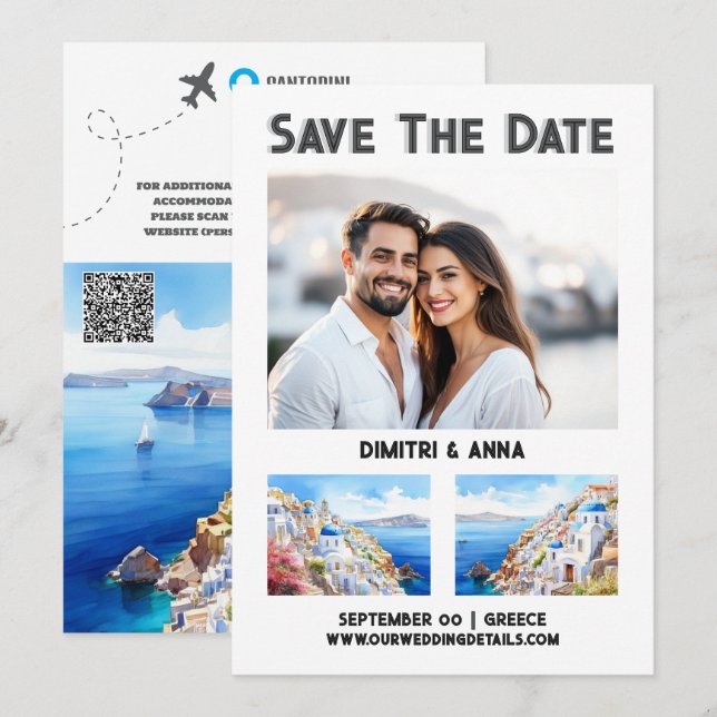 Save The Date Mariage de destination de la côte de Santorin sauv (Devant / Derrière)