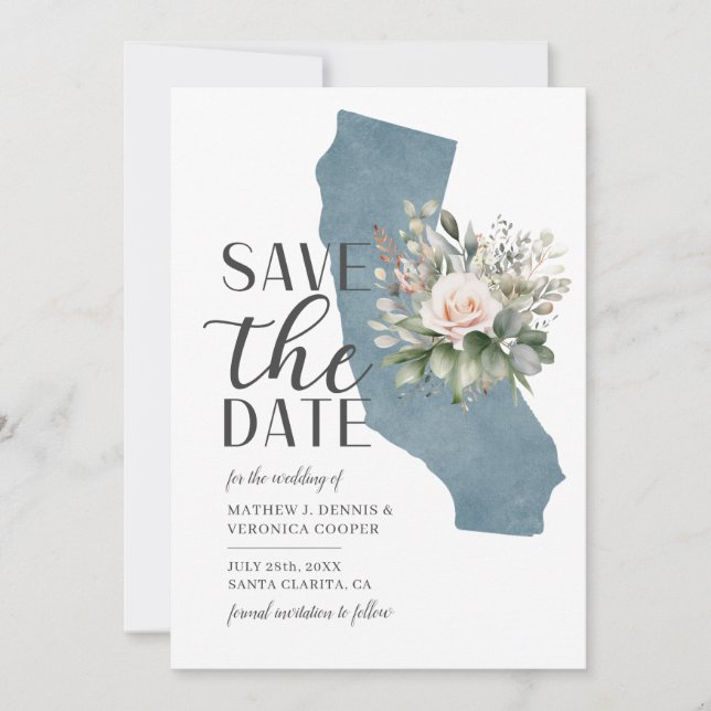 Save The Date Mariage de destination Dusty Blue en Californie (Devant)