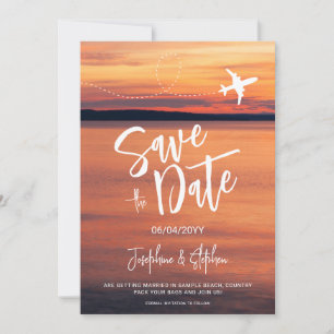 Save The Date Mariage de destination en forme d'avion au coucher