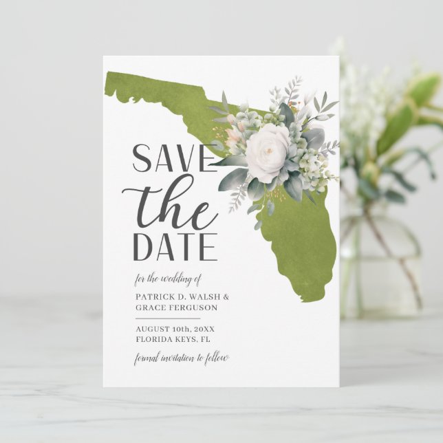 Save The Date Mariage de destination Floride Fleurs Vert Mousse (Debout devant)