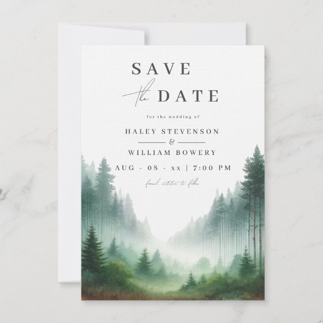 Save The Date Mariage de Destination Rustique Aquarelle Forêt Ve (Devant)