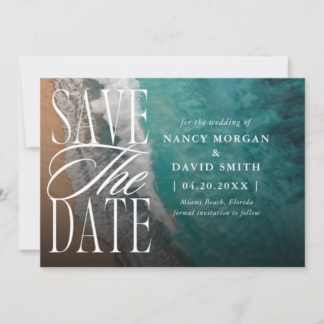 Save The Date Mariage de destination sur la plage avec des vague (Devant)