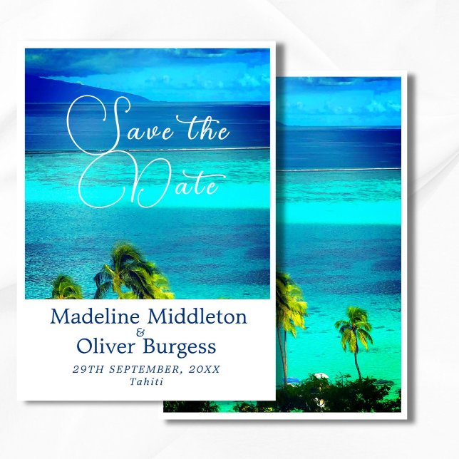 Save The Date Mariage de destination tropical bleu océan fiançai (Créateur téléchargé)