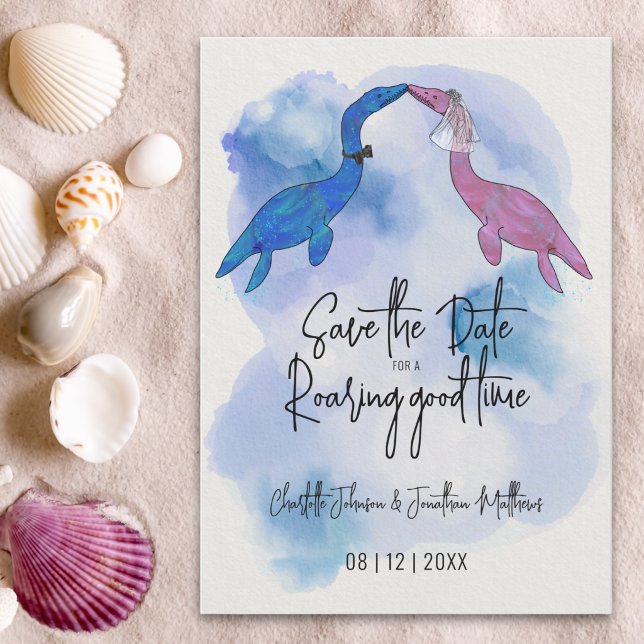 Save The Date Mariage de Dinosaure Drôle à la Plage Enregistrer  (Funny save the date for a roaring good time dinosaur wedding Watercolor beach wedding)