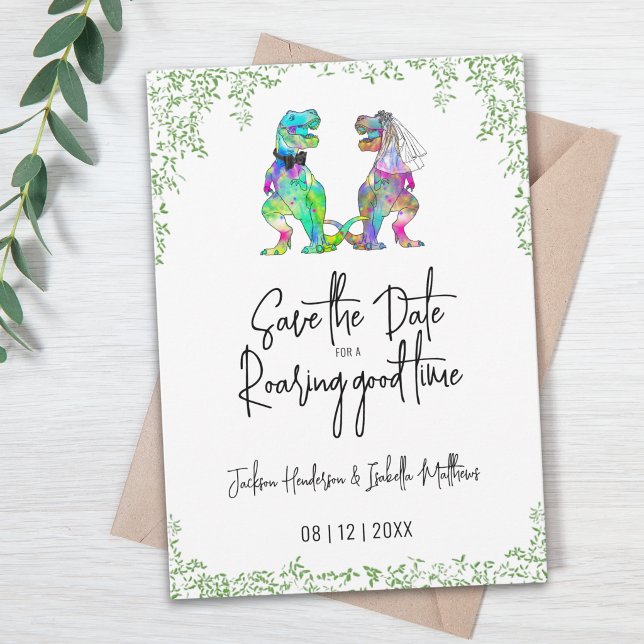 Save The Date Mariage de dinosaure drôle de mariée et de marié (Funny Dinosaur T-Rex bride and groom quote wedding save the date invitation watercolor greenery)