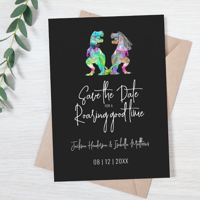 Save The Date Mariage de dinosaure drôle noir et blanc (Funny T-Rex bride and groom dinosaur wedding save the date for a roaring good time quote psychedelic)