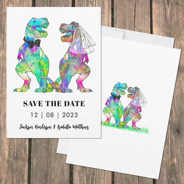 Save The Date Mariage de dinosaures colorés (Funny colorful T-Rex bride & groom dinosaur wedding invitation artwork by artist Catherine Sweetman )