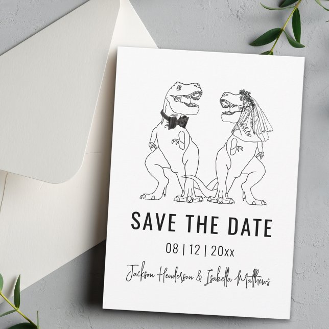 Save The Date Mariage de dinosaures drôle (Funny Dinosaur wedding save the date simple T-Rex bride and Groom black and white line art card)