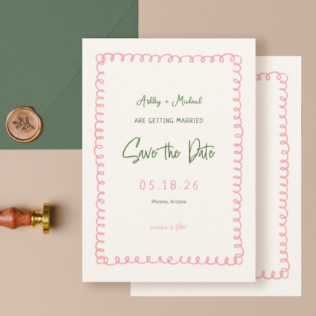 Save The Date Mariage de divertissement français rose et vert (Créateur téléchargé)