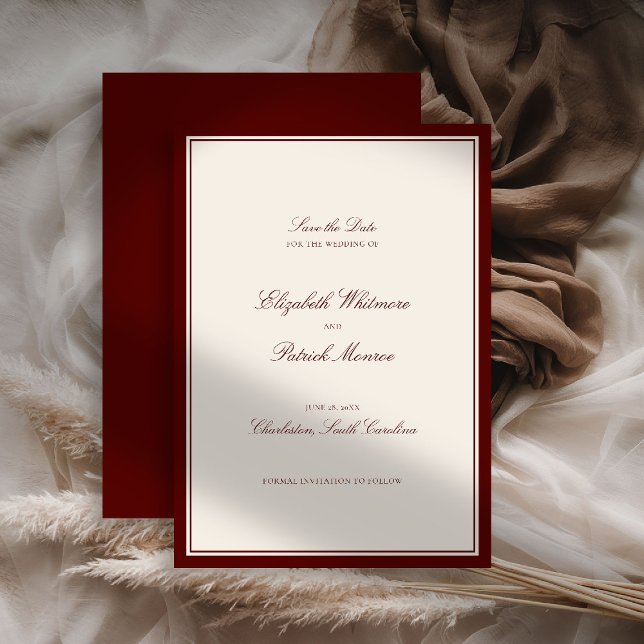 Save The Date Mariage de Domaine Classique Moderne Formel Bourgo (deep burgundy wedding save the date quiet luxury old money formal modern classic estate royal statel)