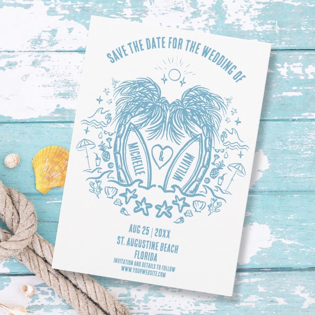 Save The Date Mariage de Doodle de Palm Beach à main lunaire (whimsical blue doodle beach wedding save the date with palm trees forming a heart)