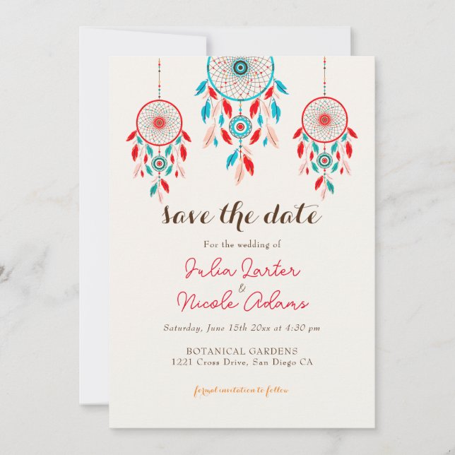 Save The Date Mariage de Dreamcatcher en plumes de la tribu Boho (Devant)