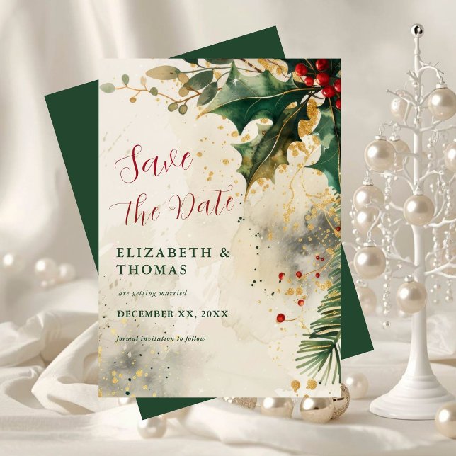 Save The Date Mariage de Fêtes Élégant Accents Dorés de Houx et  (Elegant Holiday Wedding Holly & Ivy Gold Accents Save The Date
)