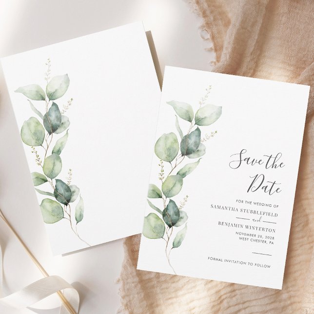 Save The Date Mariage de feuillage de verdure d'eucalyptus Scrip (Eucalyptus Greenery Foliage Script Wedding Save The Date)