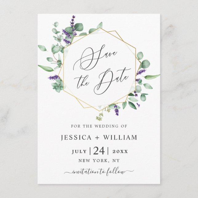 Save The Date Mariage de feuillage moderne Eucalyptus Lavender (Devant)