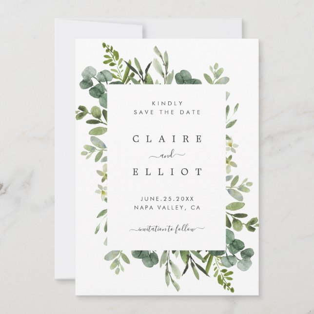 Save The Date Mariage de feuillage vert Eucalyptus (Devant)