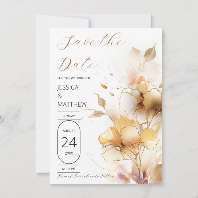 Save The Date Mariage de fleurs blanches et dorées (Devant)