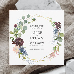Save The Date Mariage de fleurs bleues de la marine bordeaux