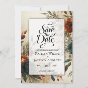 Save The Date Mariage de fleurs d'automne orange et bleu brûlés
