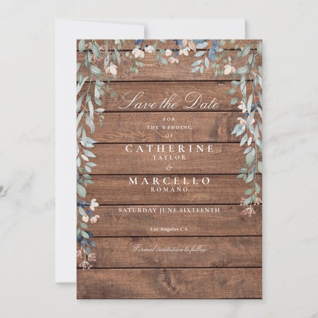 Save The Date Mariage de Fleurs de Fleur Sauvage en Bois Rustiqu (Devant)