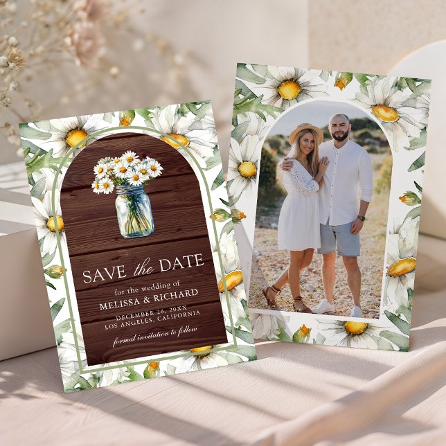 Save The Date Mariage de fleurs de marguerites en bois rustique  (Créateur téléchargé)