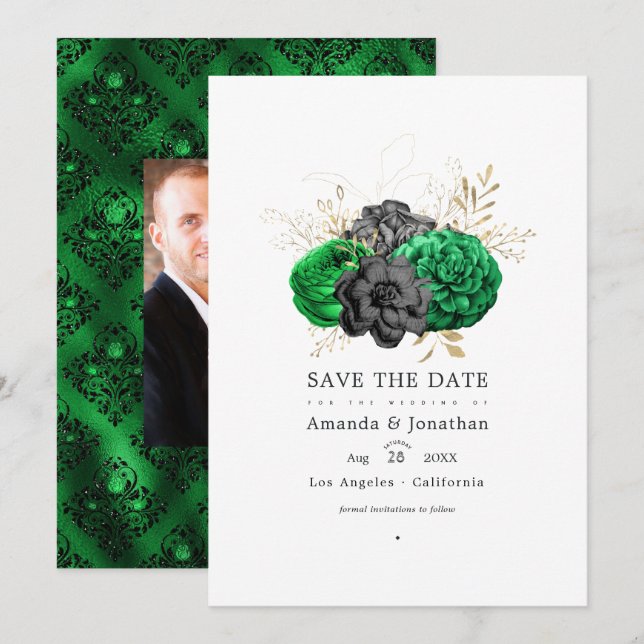 Save The Date Mariage de fleurs d'émeraude foncé et d'or (Devant / Derrière)