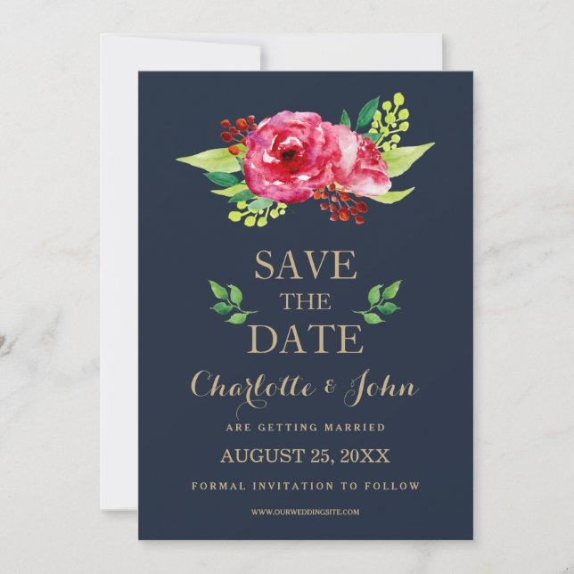 Save The Date mariage de fleurs marine et or aquarelle (Devant)