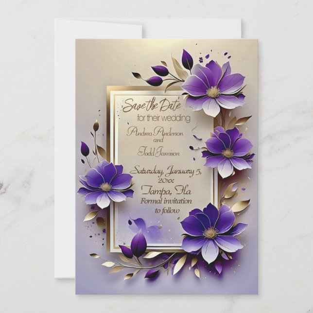 Save The Date Mariage de fleurs pourpres de feuille d'or (Devant)