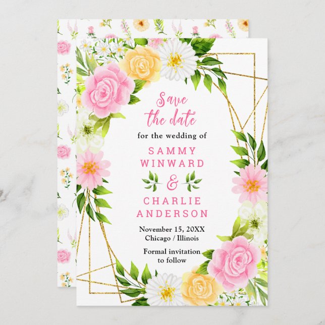 Save The Date Mariage de fleurs rose et jaune (Devant / Derrière)