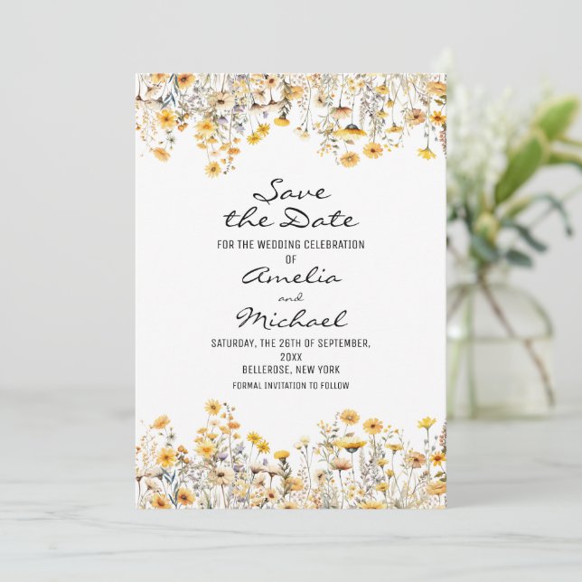 Save The Date Mariage de Fleurs sauvages de la prairie jaune bla (Debout devant)