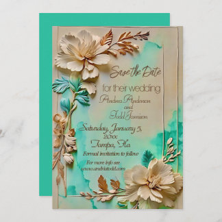 Save The Date mariage de fleurs turquoise et beige