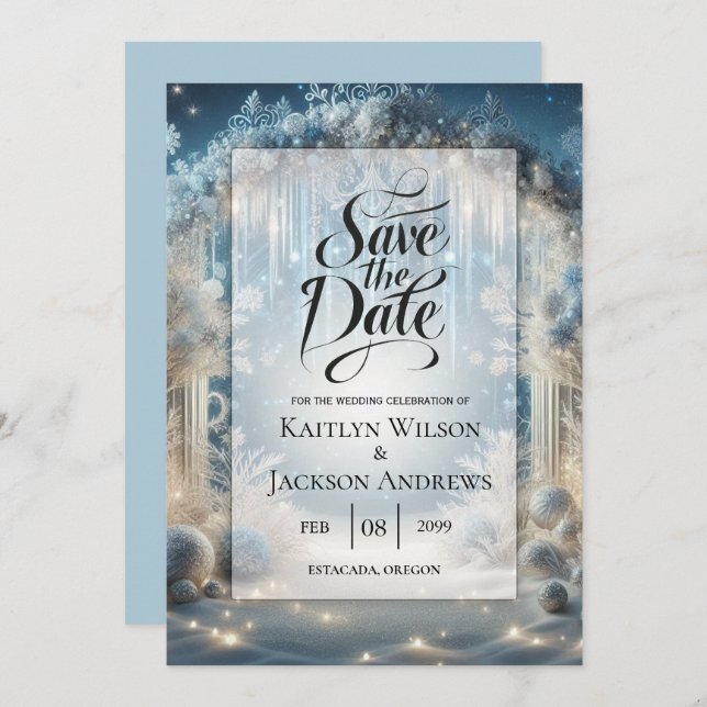 Save The Date Mariage de forêt de neige rayonnante (Devant / Derrière)