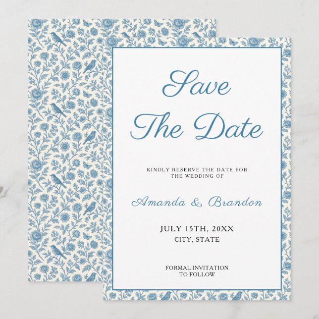 Save The Date Mariage de frontière floral chic bleu Toile de Jou (Devant / Derrière)