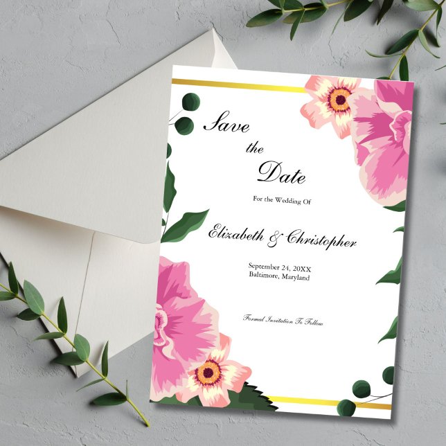 Save The Date Mariage de frontière rose vert Floral or (Pink green floral wedding save the date card. Elegant and formal.)