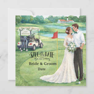 Save The Date Mariage de golf avec la mariée et le marié à la ma