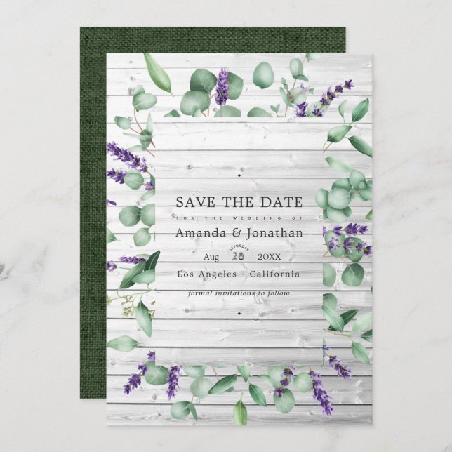 Save The Date Mariage de grange rustique à la lavande d'eucalypt (Devant / Derrière)