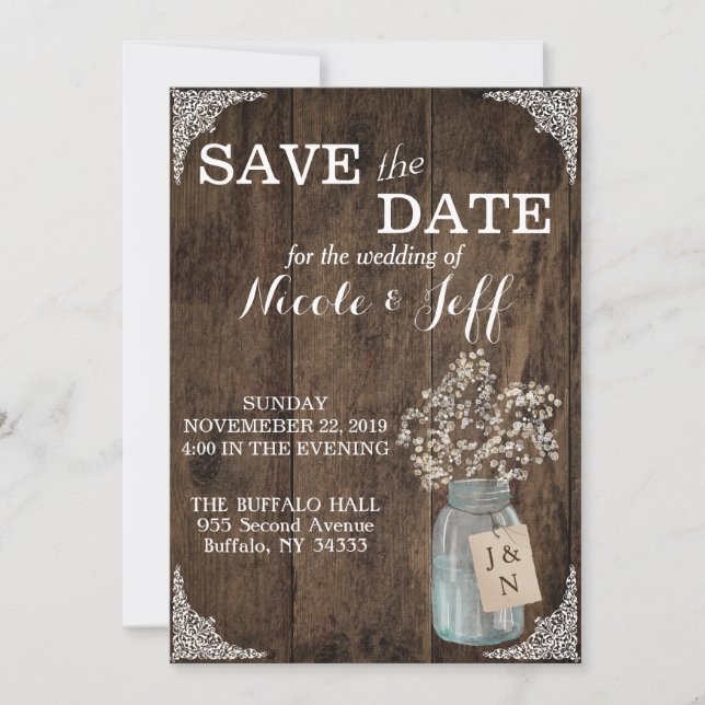 Save The Date Mariage de grange rustique pot en bois mason bébé' (Devant)