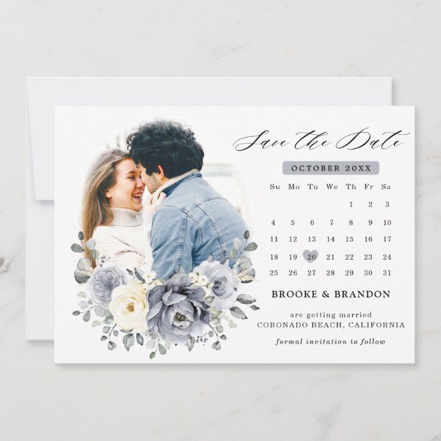 Save The Date Mariage de gris argenté et floral d'ivoire en hive (Devant)