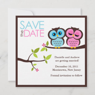 Save The Date Mariage de hibou bleu et rose