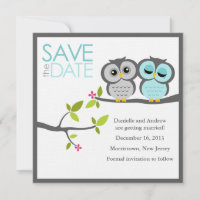 Mariage de Hiboux Gris et Aqua Enregistrez la Date