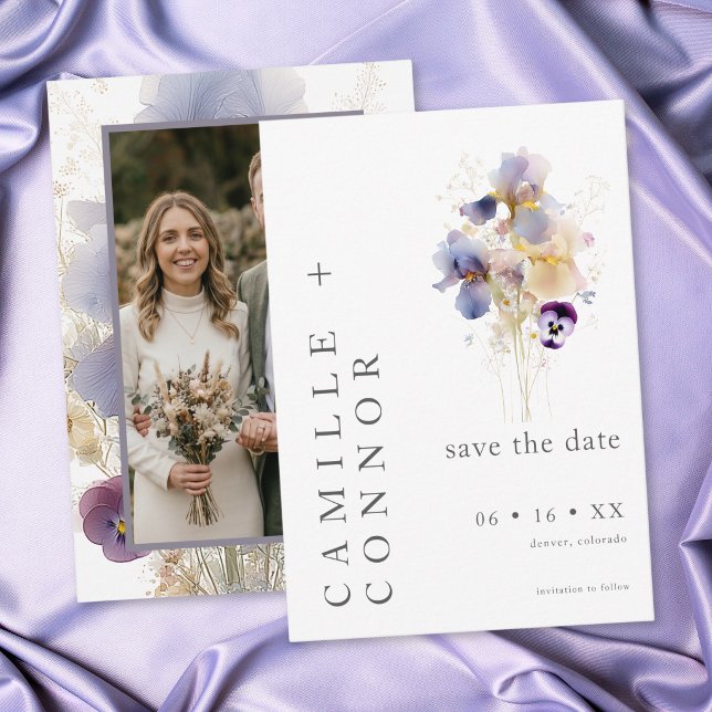 Save The Date Mariage de Jardin à l'Aquarelle avec Iris Violet É (Elegant Purple Iris Watercolor Garden Wedding Photo Save The Date)