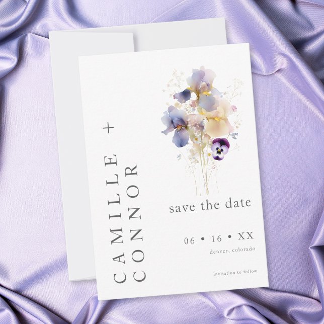 Save The Date Mariage de Jardin à l'Aquarelle avec Iris Violet É (Elegant Purple Iris Watercolor Garden Wedding Save The Date)