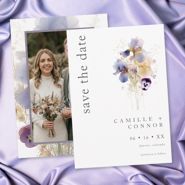 Save The Date Mariage de Jardin à l'Aquarelle avec Iris Violet É (Elegant Purple Iris Watercolor Garden Wedding Photo Save The Date)