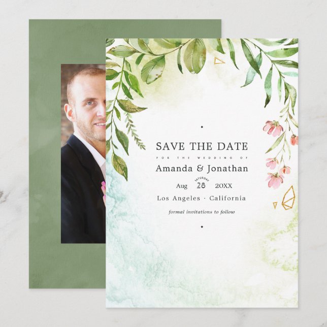 Save The Date Mariage de jardin de verdure cristal géométrique P (Devant / Derrière)