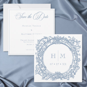 Save The Date Mariage de jardin élégant bleu vintage à blason