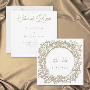 Save The Date Mariage de jardin élégant vintage à crête dorée
