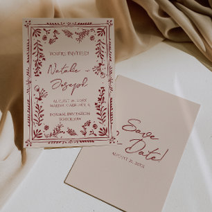 Save The Date Mariage de jardin floral bordeaux profond dessiné 