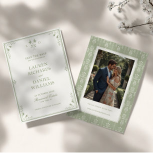 Save The Date Mariage de Jardin Vintage Vert Sauge Monogramme
