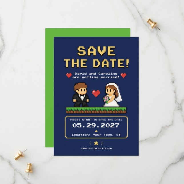 Save The Date Mariage de jeu vidéo rétro en style pixel (Devant/Arrière en situation)